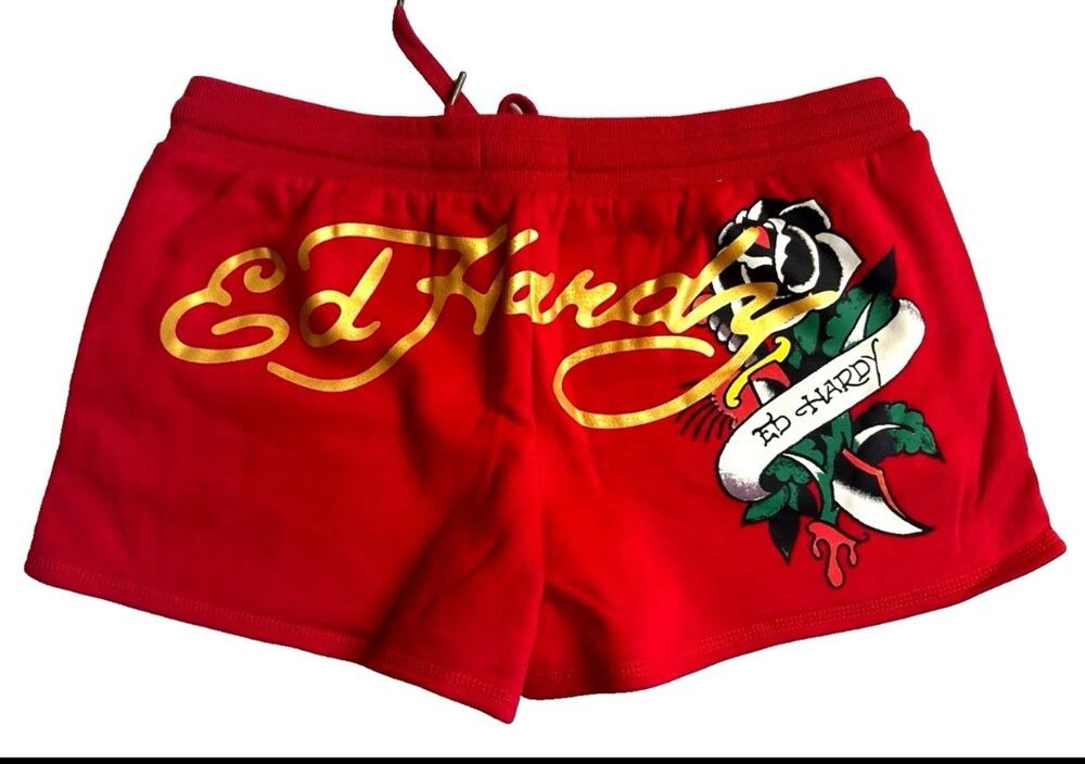 NEW ED HARDY Tattoo Rose Logo Shorts in Cherry Red Size Large